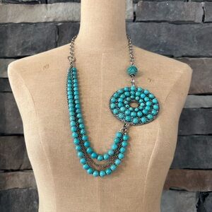 Turquoise Beaded Multi-Strand Necklace with Circular Pendant - Women Jewelry